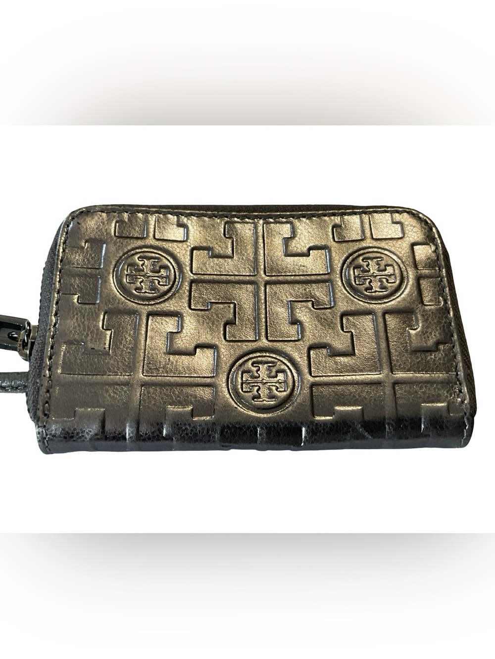 Tory Burch Metallic Silver Embossed Logo Zip Card Case Wallet With Keyring - Picture 2 of 6